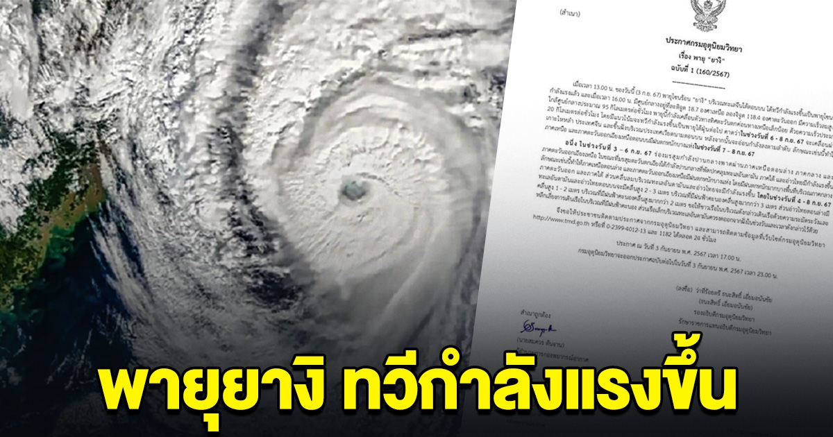 กรมอุตุฯ ประกาศเตือน พายุยางิ ทวีกำลังแรงขึ้นแล้ว เตรียมรับมือ