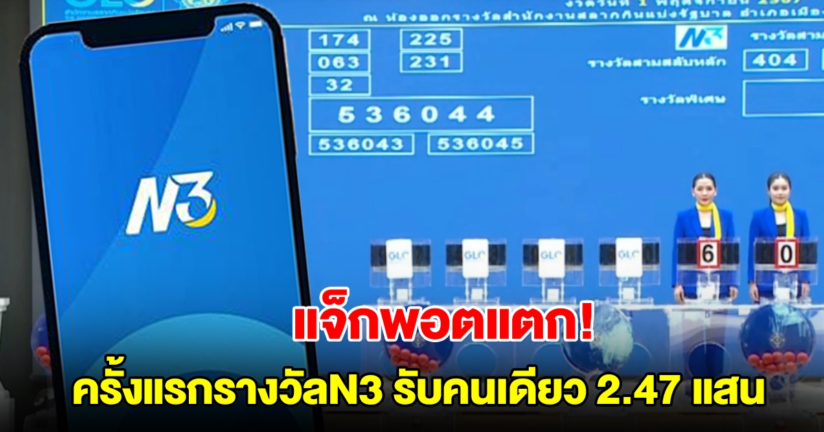 แจ็กพอตแตก ครั้งแรกรางวัลN3 รับคนเดียวเต็มๆ 2.47 แสน ผู้ถูกรางวัล 976 ใบ